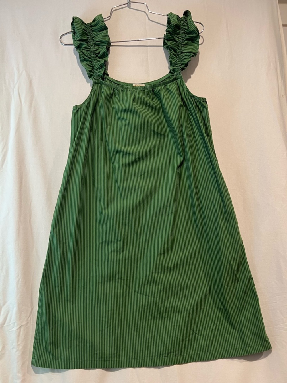 Nation LTD Pima Cotton Ruffle Strap Dress Green Stripe Size M Shift Casual